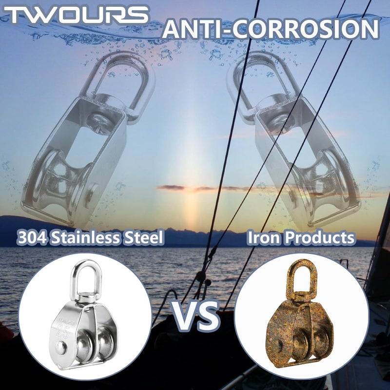 Twours Pulley 304 Stainless Steel Double Pulley Block M20 Small Heavy Duty Swivel Bearing Pulley System for Rigging, Lifting, Cargo Transportation,Gym Equipment (SHL-M20 2PCS) - Image 3